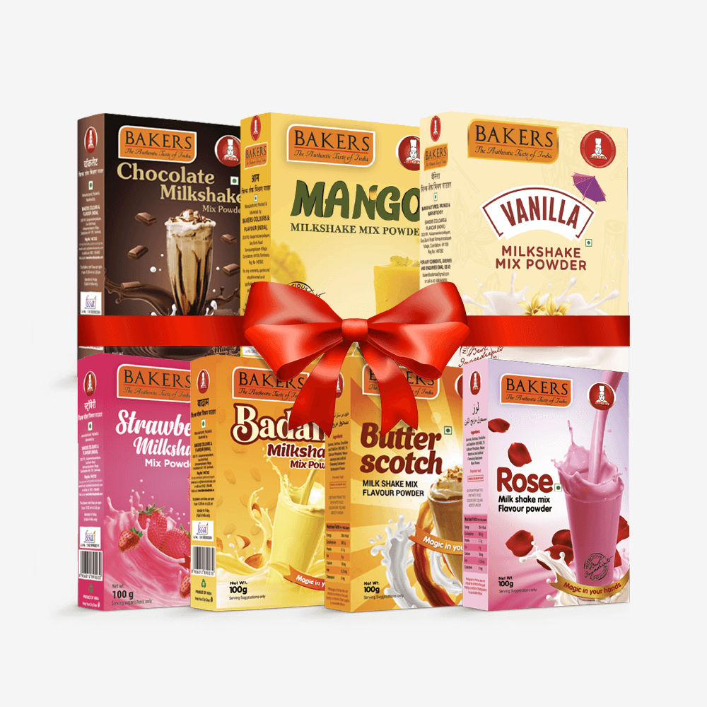 BAKERS Milkshake Mix Powder Pack of 7 VANILLA + STR. + MANGO + CHOCOLATE + BUTTERSCOTCH + BADAM + ROSE - Pluugin Store