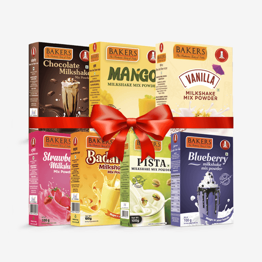 BAKERS Milkshake Mix Powder Pack of 7 VANILLA + STR. + MANGO + PISTA + BADAM + BLUEBERRY + ROSE - Pluugin Store