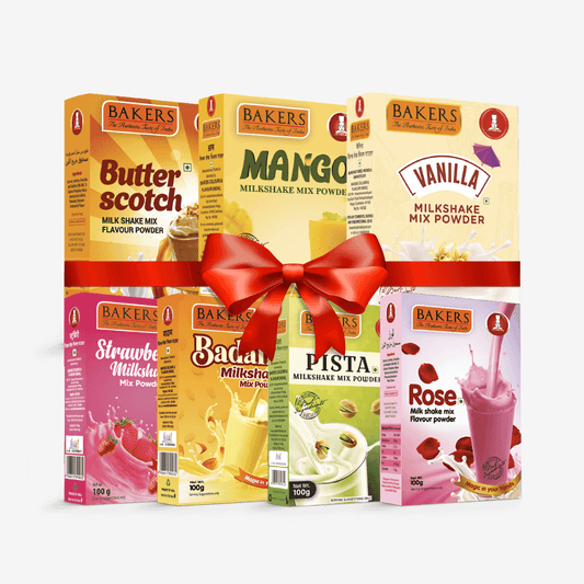 BAKERS Milkshake Mix Powder Pack of 7 VANILLA + STR. + MANGO + PISTA + BUTTERSCOTCH + BADAM + ROSE - Pluugin Store