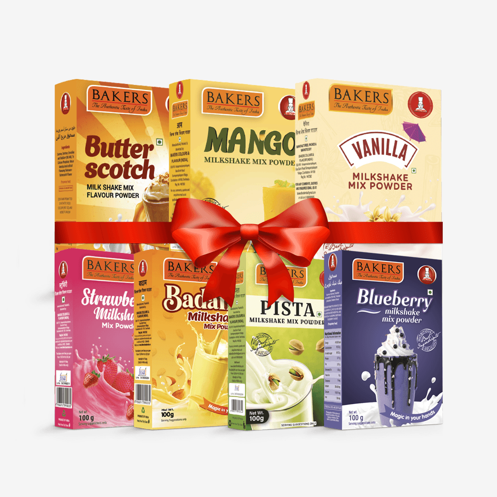 BAKERS Milkshake Mix Powder Pack of 7 VANILLA + STR. + MANGO + PISTA + BUTTERSCOTCH + BADAM + BLUEBERRY - Pluugin Store