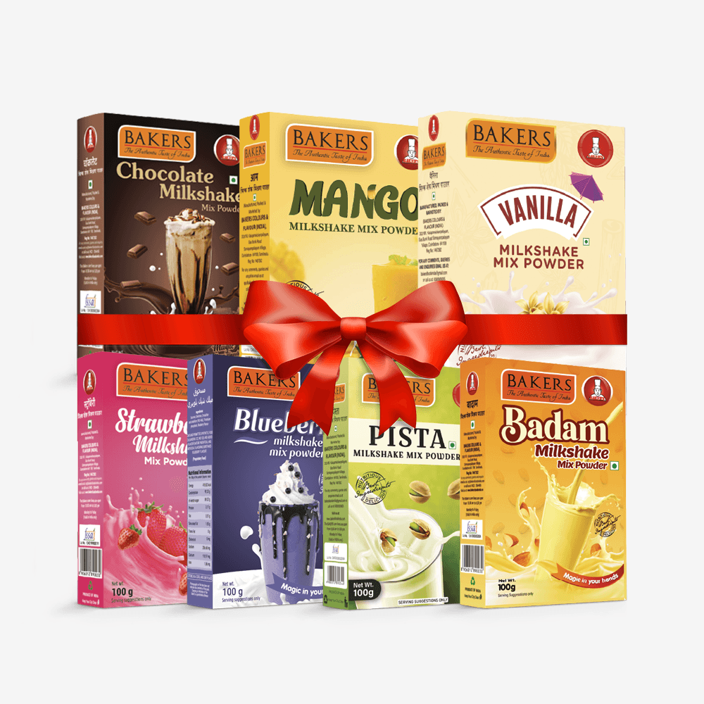 BAKERS Milkshake Mix Powder Pack of 7 VANILLA + STR. + MANGO + PISTA + CHOCOLATE + BADAM + BLUEBERRY - Pluugin Store