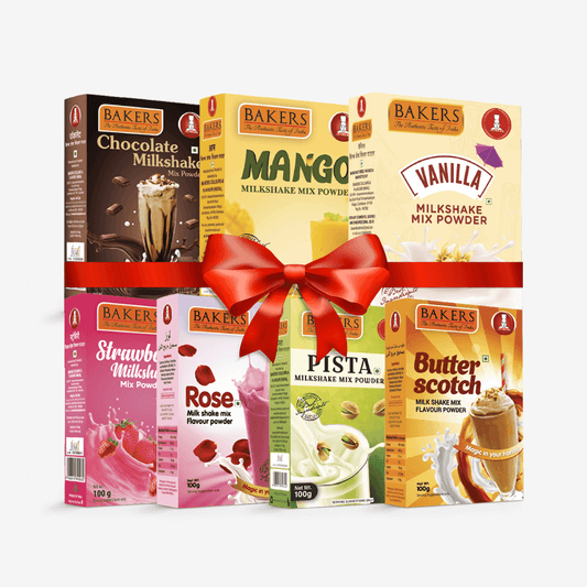 BAKERS Milkshake Mix Powder Pack of 7 VANILLA + STR. + MANGO + PISTA + CHOCOLATE + BUTTERSCOTCH + ROSE - Pluugin Store