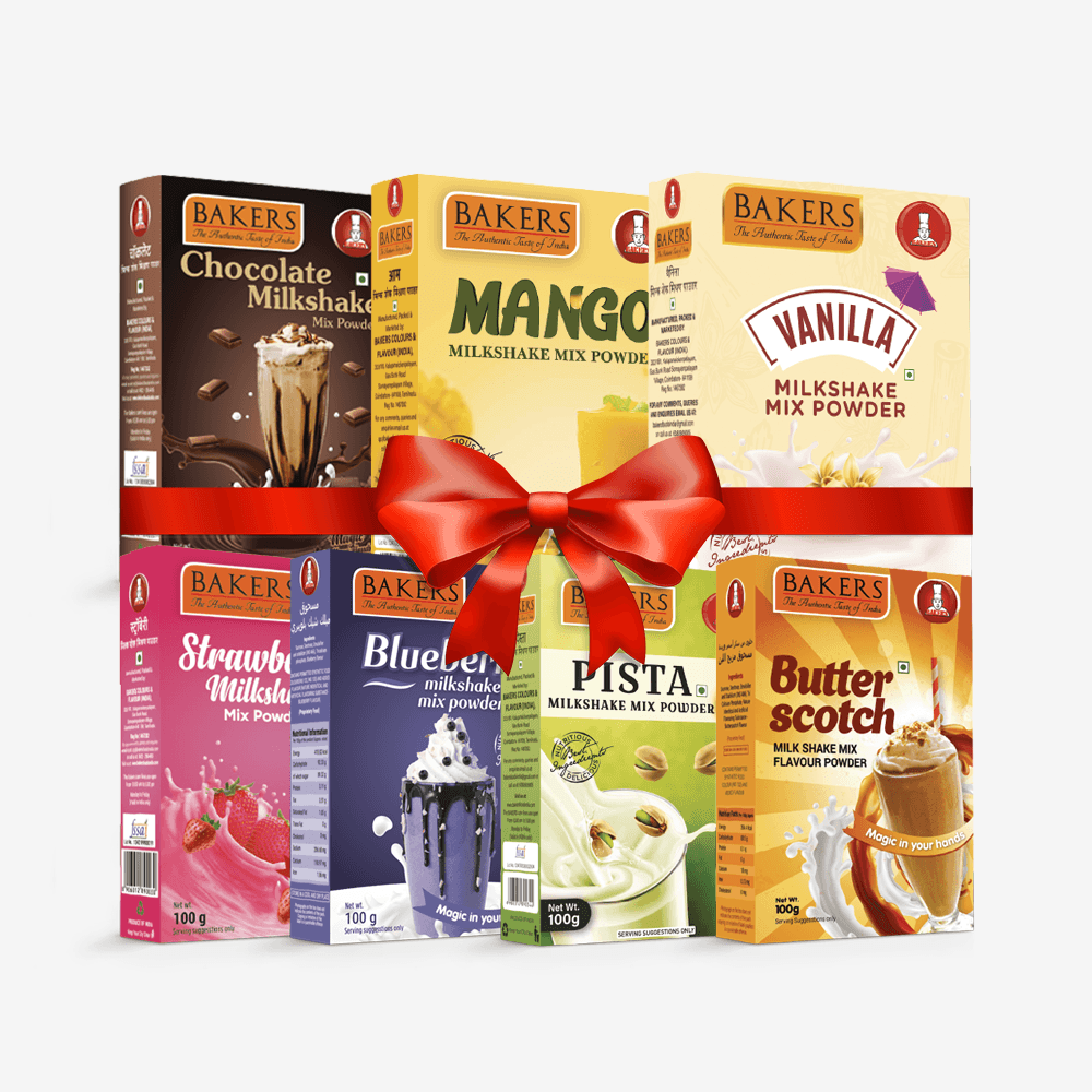 BAKERS Milkshake Mix Powder Pack of 7 VANILLA + STR. + MANGO + PISTA + CHOCOLATE + BUTTERSCOTCH + BLUEBERRY - Pluugin Store