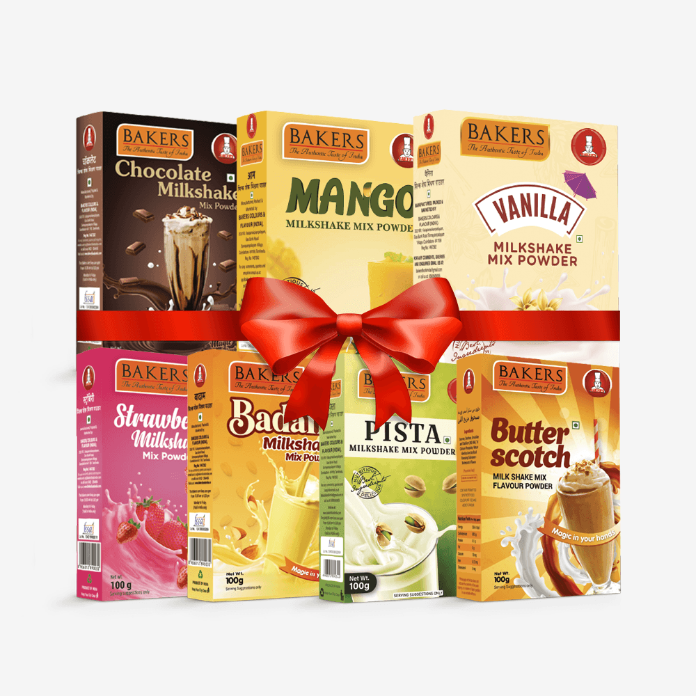 BAKERS Milkshake Mix Powder Pack of 7 VANILLA + STR. + MANGO + PISTA + CHOCOLATE + BUTTERSCOTCH + BADAM - Pluugin Store