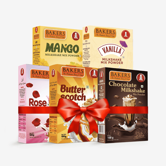 BAKERS Milkshake Mix Powder Pack of 5 VANILLA + MANGO + CHOCOLATE + BUTTERSCOTCH + ROSE - Pluugin Store