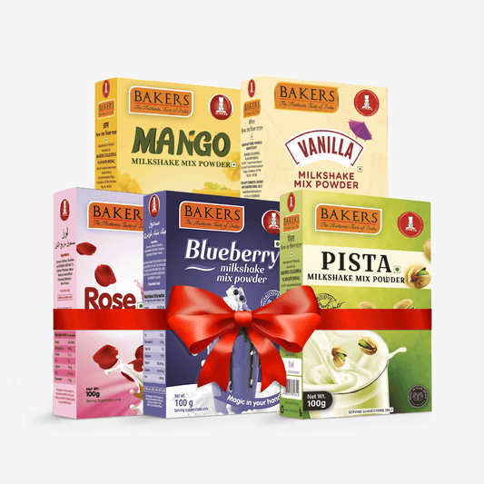 BAKERS Milkshake Mix Powder Pack of 5 VANILLA + MANGO + PISTA + BLUEBERRY + ROSE - Pluugin Store