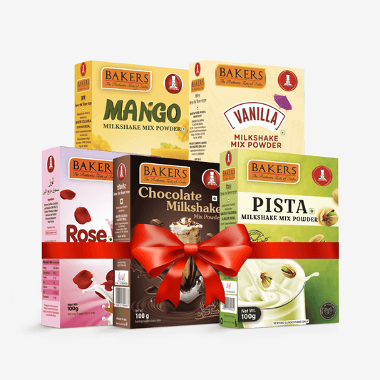 BAKERS Milkshake Mix Powder Pack of 5 VANILLA + MANGO + PISTA + CHOCOLATE + ROSE - Pluugin Store