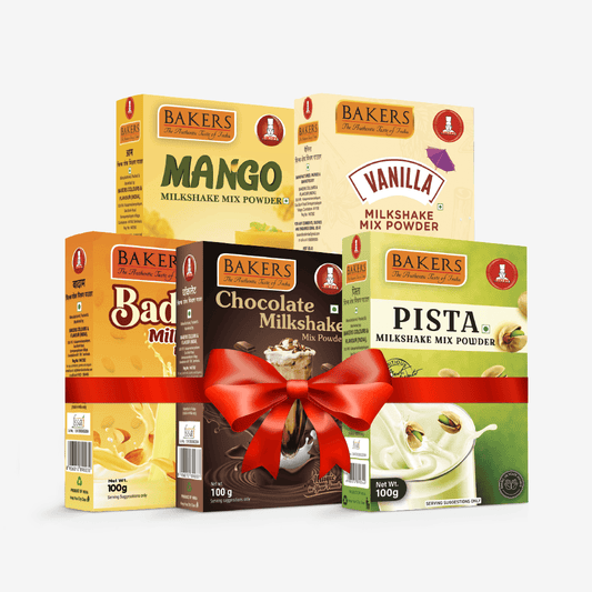 BAKERS Milkshake Mix Powder Pack of 5 VANILLA + MANGO + PISTA + CHOCOLATE + BADAM - Pluugin Store