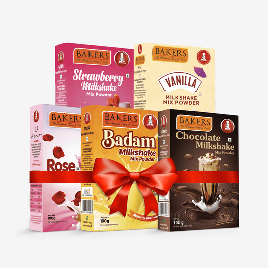 BAKERS Milkshake Mix Powder Pack of 5 VANILLA + STRAWBERRY + CHOCOLATE + BADAM + ROSE - Pluugin Store