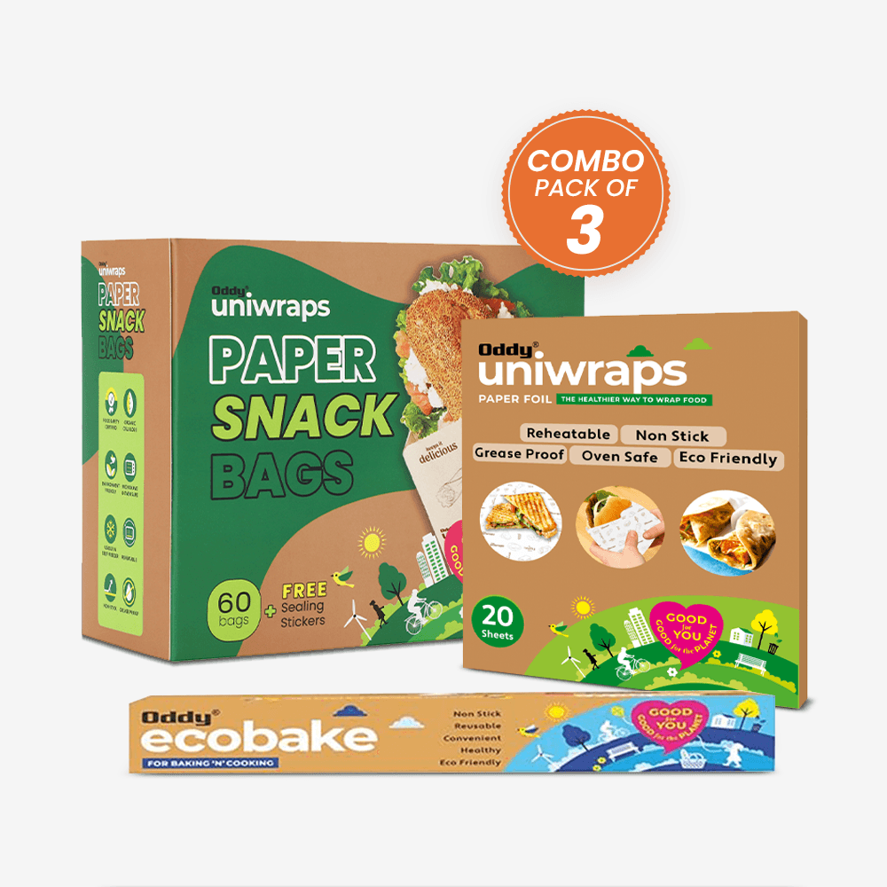 Oddy Combo Pack of 3| Snack Bags, pack of 1| Oddy uniwrap ecobake Baking & Cooking Paper, 5 m and food wrapping paper 20 cut sheets - Pluugin Store