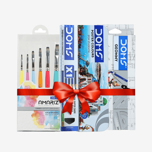 Doms Zoom Ultimate Dark Pencil Box + DOMS AMARIZ Candy Brush Round Set of 6 + Doms 12 Shades Poster Colours - Pluugin Store
