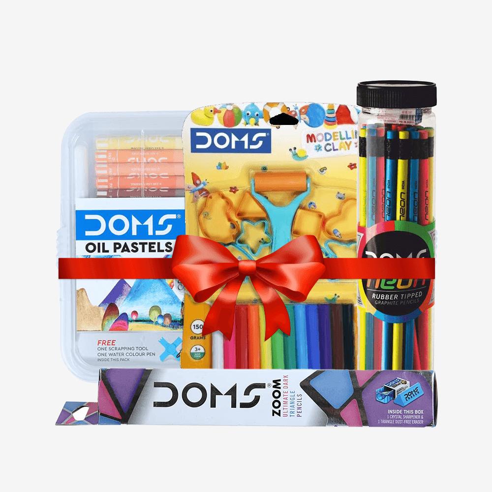 DOMS 50 Shades Oil Pastel With Case + Doms Neon Rubber Tipped HB/2 Graphite Pencil Jar Pack + DOMS Modelling Clay 12 Shades New + Doms Zoom Ultimate Dark Pencil Box Pack - Pluugin Store