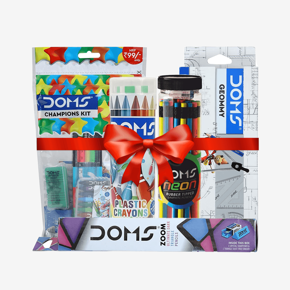 Doms Neon Rubber Tipped HB/2 Graphite Pencil Jar Pack + Doms Zoom Ultimate Dark Pencil Box Pack + Doms Champions Kit + Doms Geommy Mathematical Drawing Instrument Box + Doms 14 Shades Erasable Plastic Crayons Round Tin Box - Pluugin Store