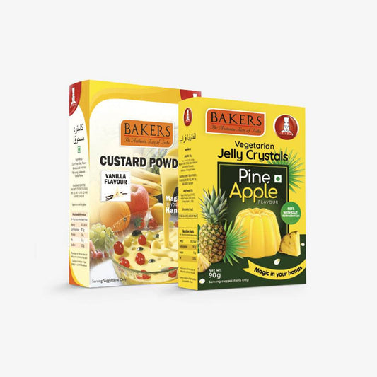 EXOTIC DESSERT COMBO 1 - BAKERS Custard Powder Vanilla Flavour 100 gm + BAKERS Jelly Crystals Pineapple Flavour 90 gm - Pluugin Store