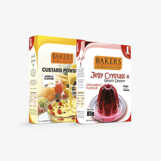 GELATIN DESSERT COMBO 1 - BAKERS Custard Powder Vanilla Flavour 100 gm + BAKERS Jelly Crystals (Gelatin Dessert) Strawberry Flavour 85 gm - Pluugin Store