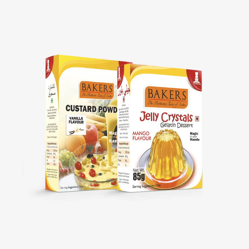 GELATIN DESSERT COMBO 4 - BAKERS Custard Powder Vanilla Flavour 100 gm + BAKERS Jelly Crystals (Gelatin Dessert) Mango Flavour 85 gm - Pluugin Store