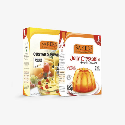 GELATIN DESSERT COMBO 5 - BAKERS Custard Powder Vanilla Flavour 100 gm + BAKERS Jelly Crystals (Gelatin Dessert) Orange Flavour 85 gm - Pluugin Store