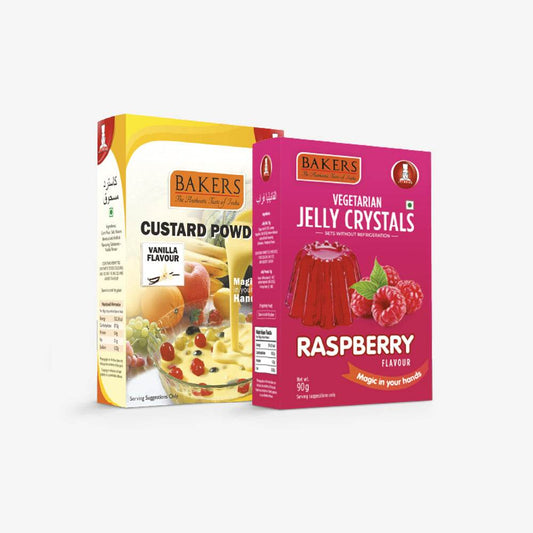 EXOTIC DESSERT COMBO 5 - BAKERS Custard Powder Vanilla Flavour 100 gm + BAKERS Jelly Crystals Raspberry Flavour 90 gm - Pluugin Store