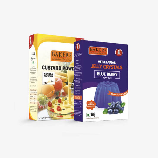 EXOTIC DESSERT COMBO 8 - BAKERS Custard Powder Vanilla Flavour 200 gm + BAKERS Jelly Crystals Blueberry Flavour 90 gm - Pluugin Store