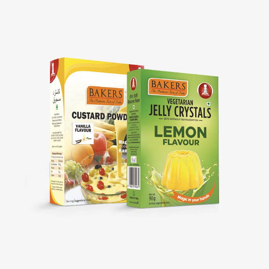 EXOTIC DESSERT COMBO 9 - BAKERS Custard Powder Vanilla Flavour 100 gm + BAKERS Jelly Crystals Lemon Flavour 90 gm - Pluugin Store