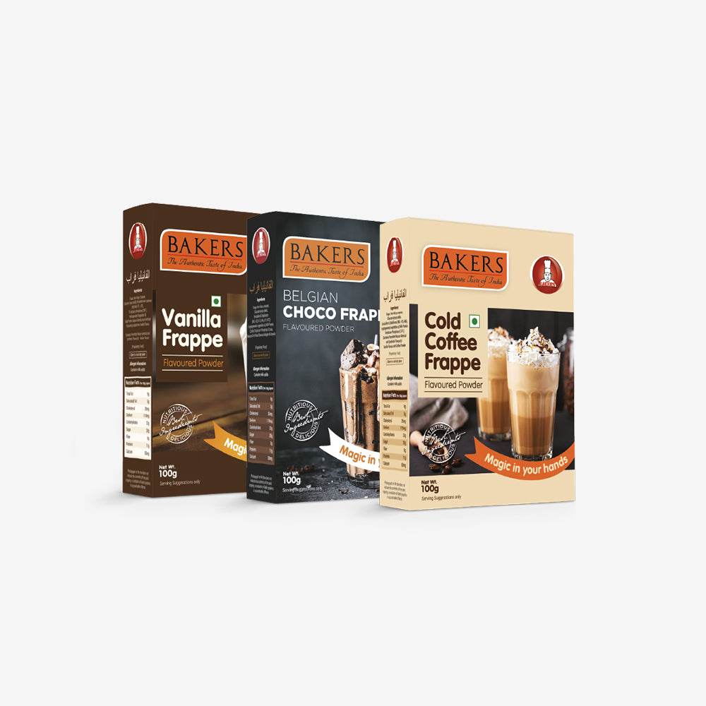 FRAPPE TRIO - BAKERS Vanilla + Belgian Choco + Cold Coffe Frappe Powder 100 gm - Pluugin Store
