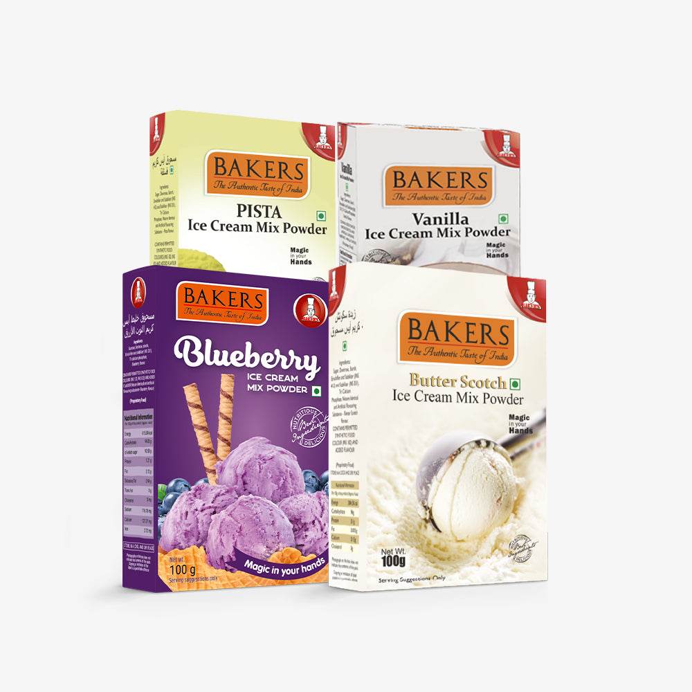 BAKERS Pista Ice Cream Powder + Vanilla + Blueberry + Butter Scotch Flavour Pack of 4 - Pluugin Store