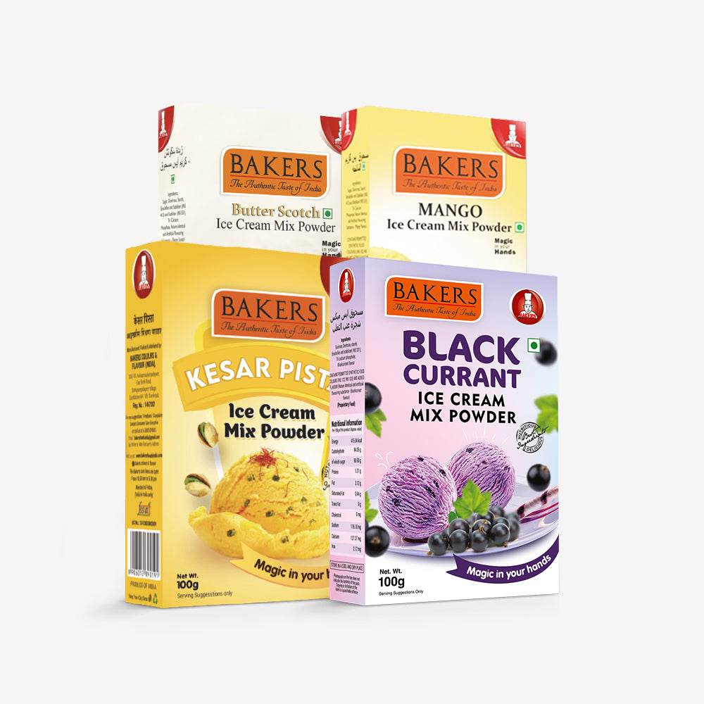 BAKERS Ice Cream Mix Powder Butter Scotch + Mango+ Kesar Pista + Black Currant Flavour Pack of 4 - Pluugin Store