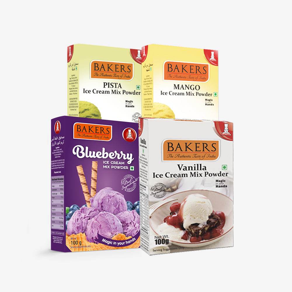 BAKERS Ice Cream Mix Powder Pista + Mango+ Vanilla+ Blueberry Flavour Pack of 4 - Pluugin Store