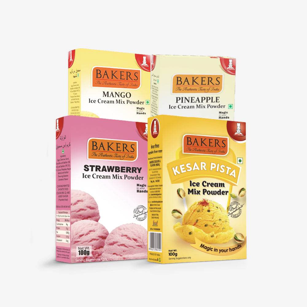 BAKERS Strawberry + Mango + Pineapple + Kesar Pista Ice Cream Powder Flavour Pack of 3 - Pluugin Store