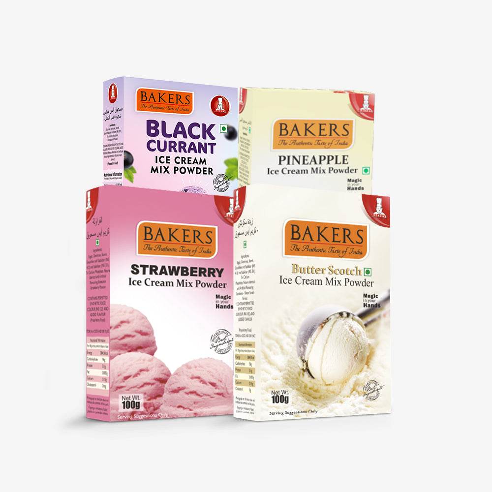 BAKERS Ice Cream Mix Powder Black Currant + Strawberry + Butter Scotch + Pineapple Flavour Pack of 4 - Pluugin Store
