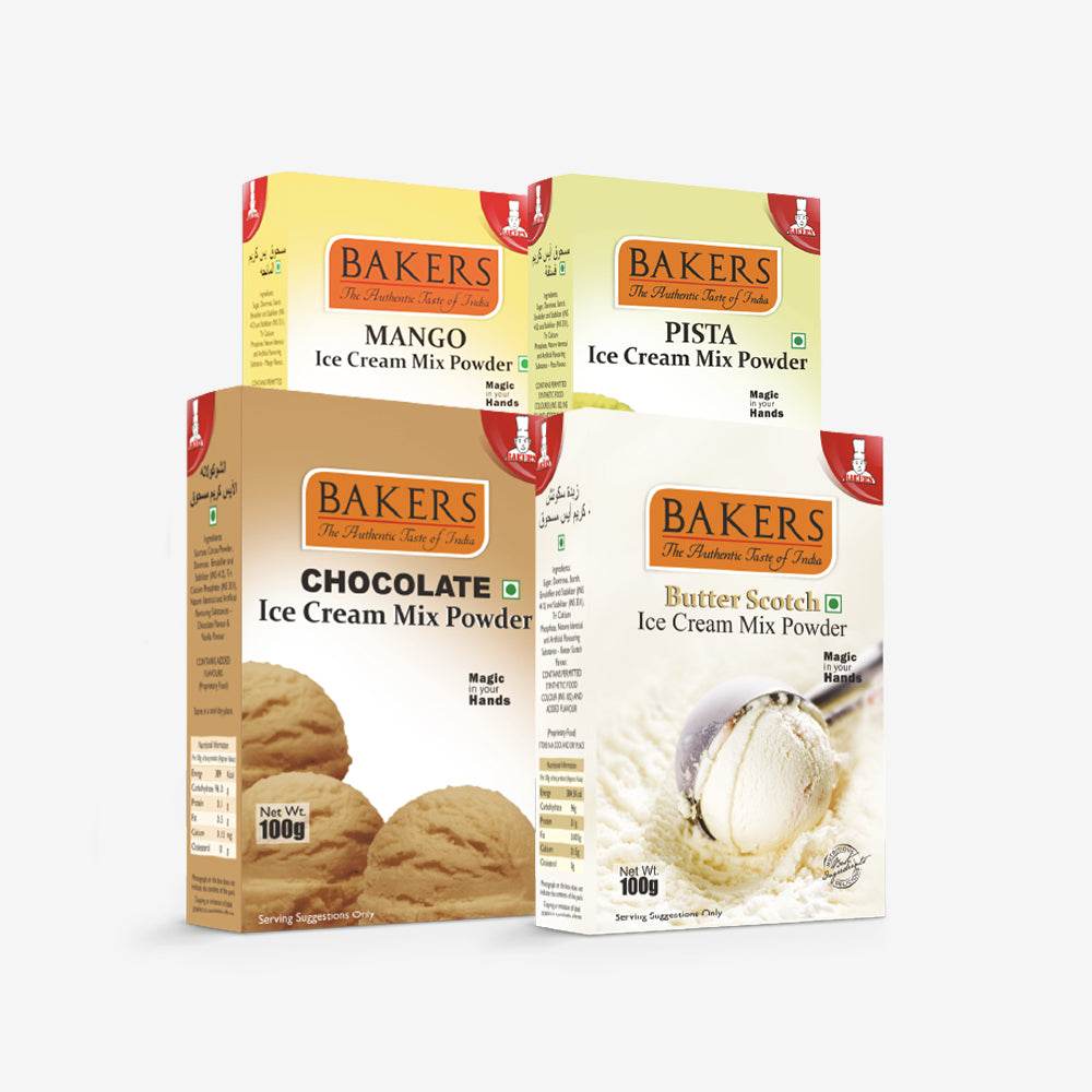 BAKERS Ice Cream Mix Powder Mango + Chocolate + Butter Scotch + Pista Flavour Pack of 4 - Pluugin Store