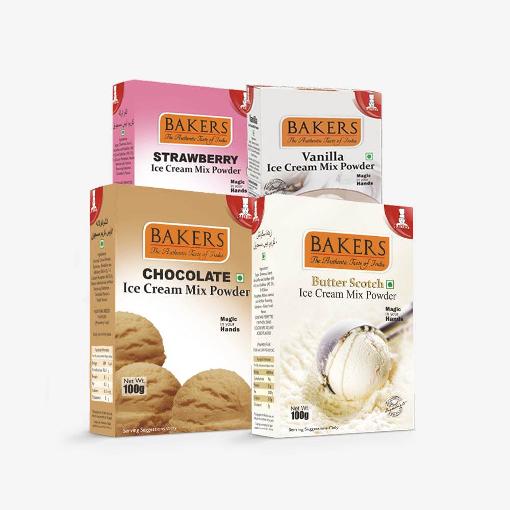 BAKERS Ice Cream Mix Powder Strawberry + Chocolate + Butter Scotch + Vanilla Flavour Pack of 4 - Pluugin Store