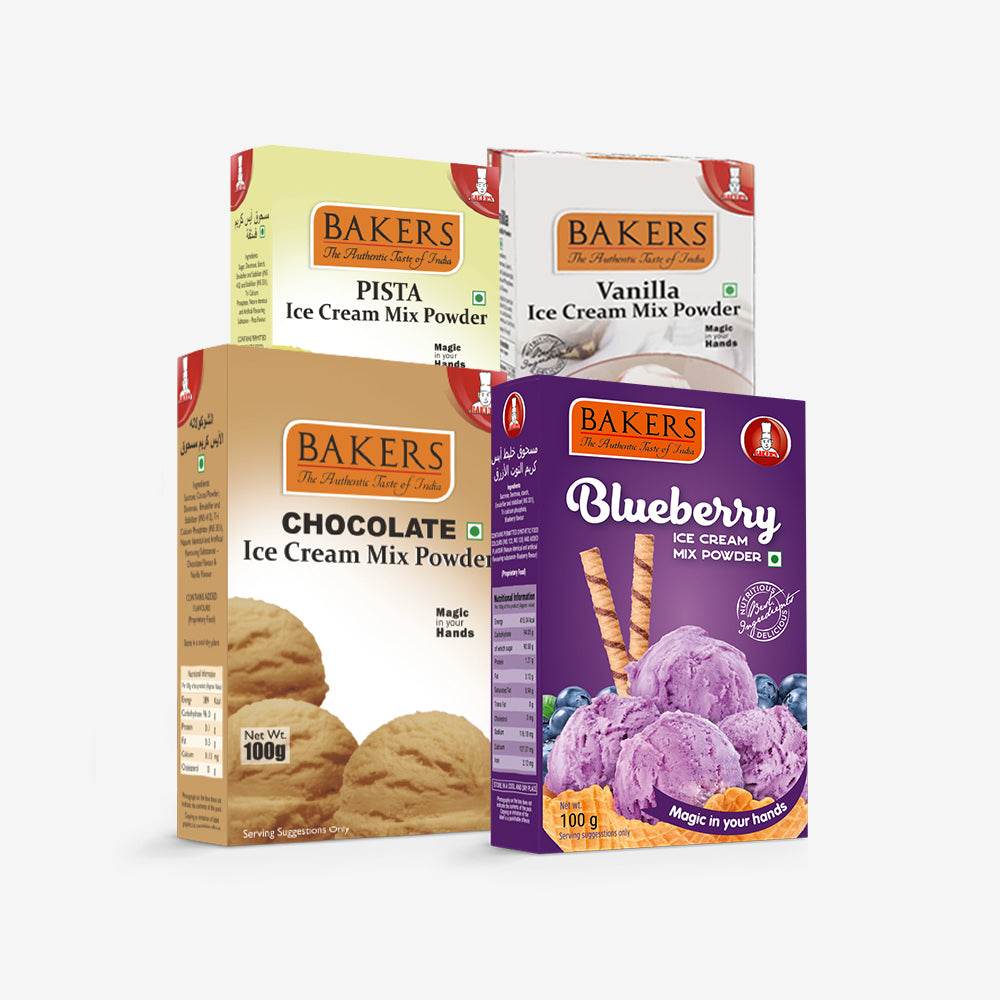 BAKERS Ice Cream Mix Powder Pista + Chocolate + Blueberry + Vanilla Flavour Pack of 4 - Pluugin Store