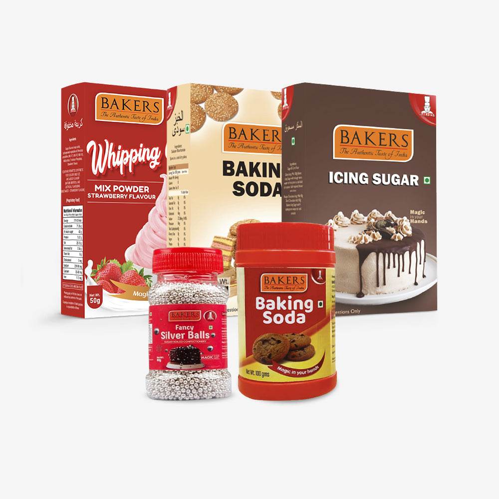 STRAWBERRY CAKE MIX- BAKERS Baking Soda 100gm + BAKING Soda Jar 100gm+ ICING SUGAR + SILVER BALLS + Whipping Cream Strawberry - Pluugin Store