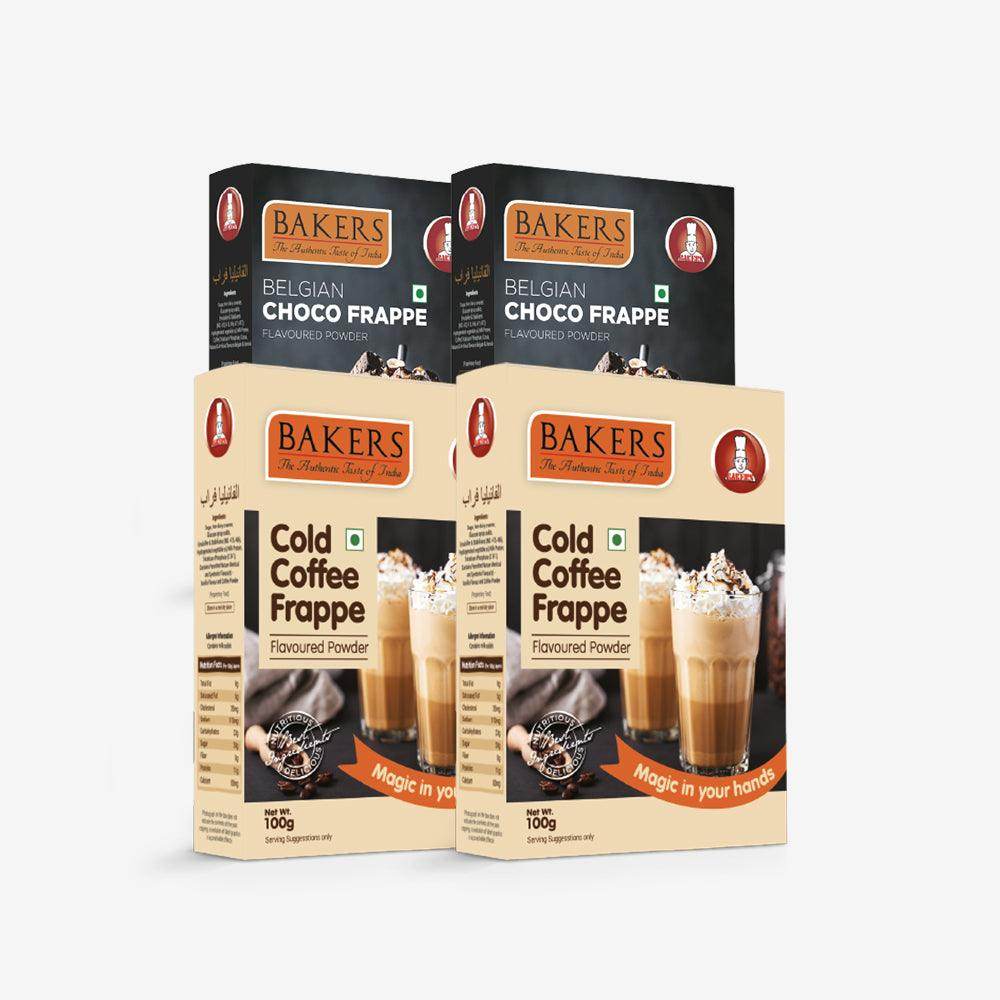 TWIN TEMPTATION PACK 1 - BAKERS Belgian Choco + Cold Coffe Flavour Frappe Powder Pack of 4 (100 gm x 4) - Pluugin Store