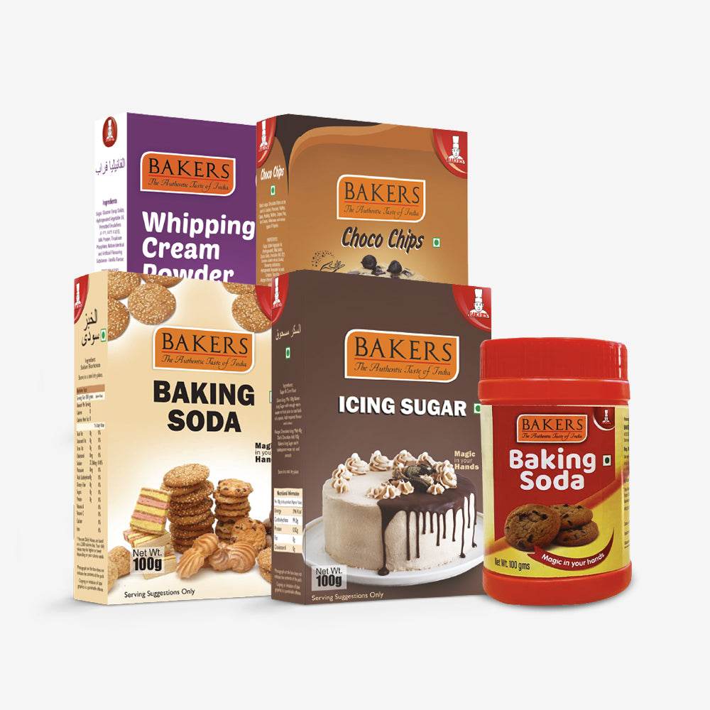 VANILLA CAKE MIX - BAKERS Baking Soda 100gm + BAKING Soda Jar 100gm+ ICING SUGAR + CHOCO CHIPS + Whipping Cream Vanilla - Pluugin Store