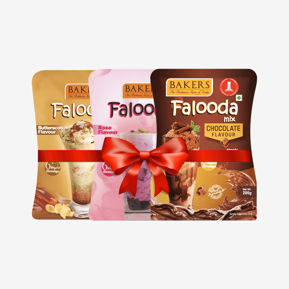 BAKERS Falooda Mix Powder ROSE, B/S, CHOCO Flavour Pack of 3 (200 gm ) - Pluugin Store