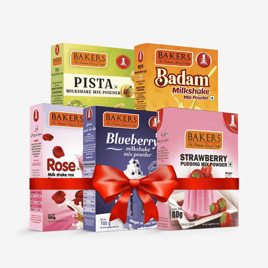 BAKERS Milkshake Mix Powder Pack of 5 STRAWBERRY + PISTA + BADAM + BLUEBERRY + ROSE - Pluugin Store