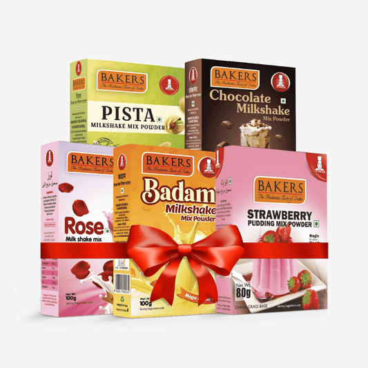 BAKERS Milkshake Mix Powder Pack of 5 STRAWBERRY + PISTA + CHOCOLATE + BADAM + ROSE - Pluugin Store