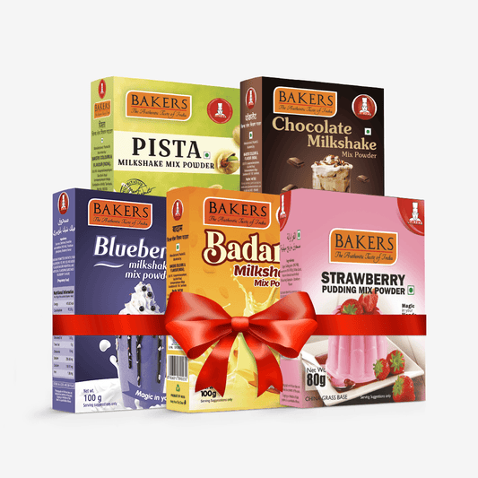 BAKERS Milkshake Mix Powder Pack of 5 STRAWBERRY + PISTA + CHOCOLATE + BADAM + BLUEBERRY - Pluugin Store