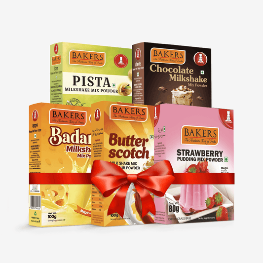 BAKERS Milkshake Mix Powder Pack of 5 STRAWBERRY + PISTA + CHOCOLATE + BUTTERSCOTCH + BADAM - Pluugin Store