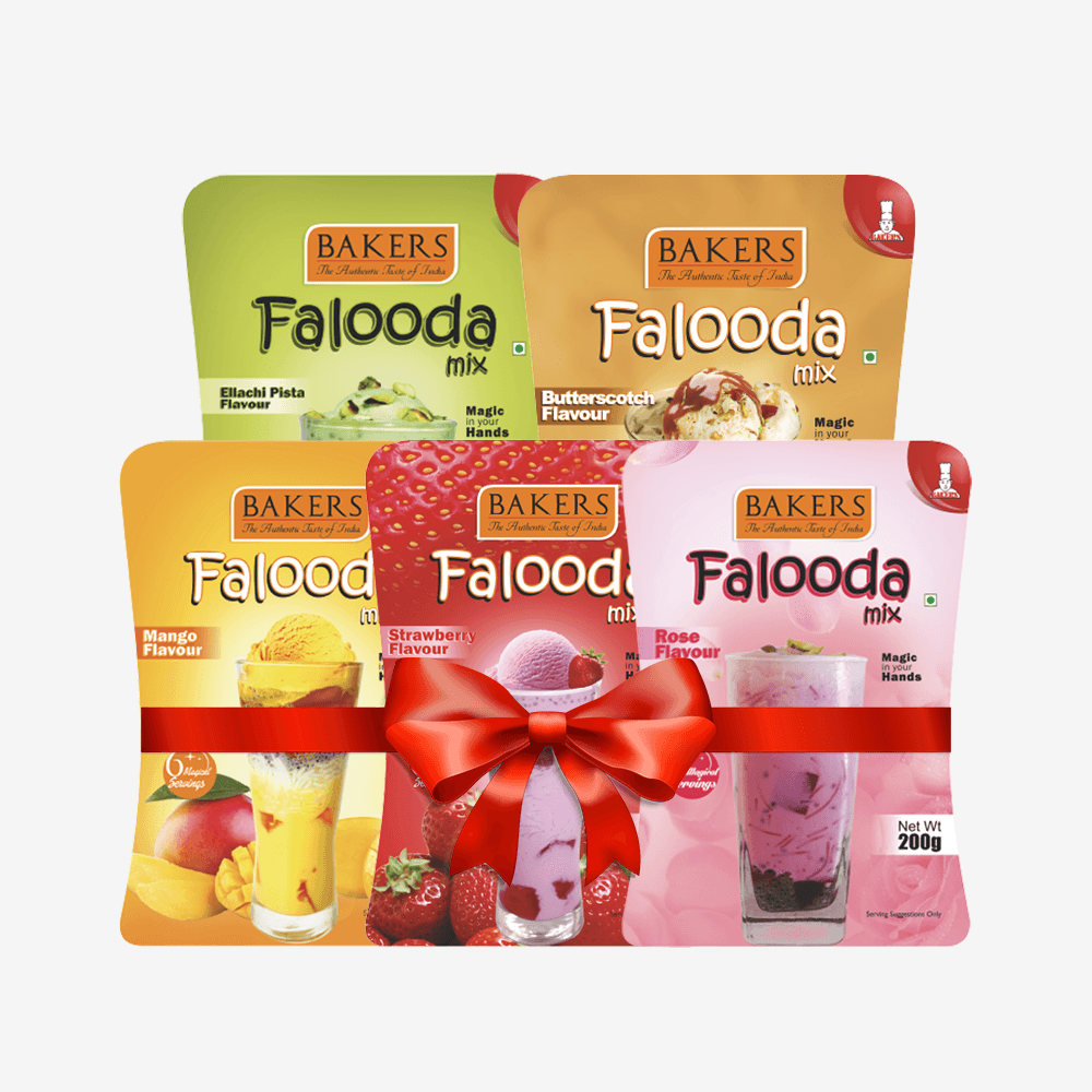 BAKERS Falooda Mix Powder STR, ROSE, MANGO, ELAICHI PISTA, B/S Pack of 5 (200 gm) - Pluugin Store