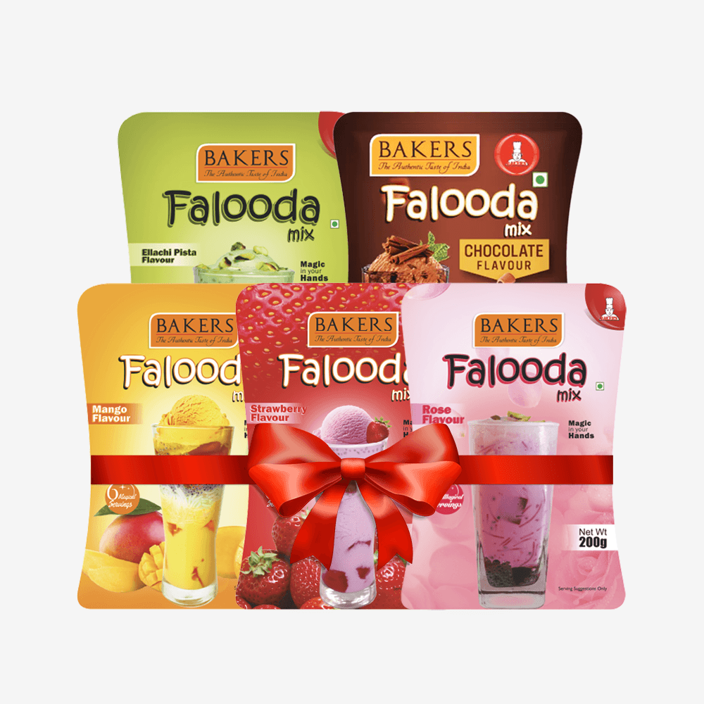 BAKERS Falooda Mix Powder STR, ROSE, MANGO, ELAICHI PISTA, CHOCO Pack of 5 (200 gm) - Pluugin Store