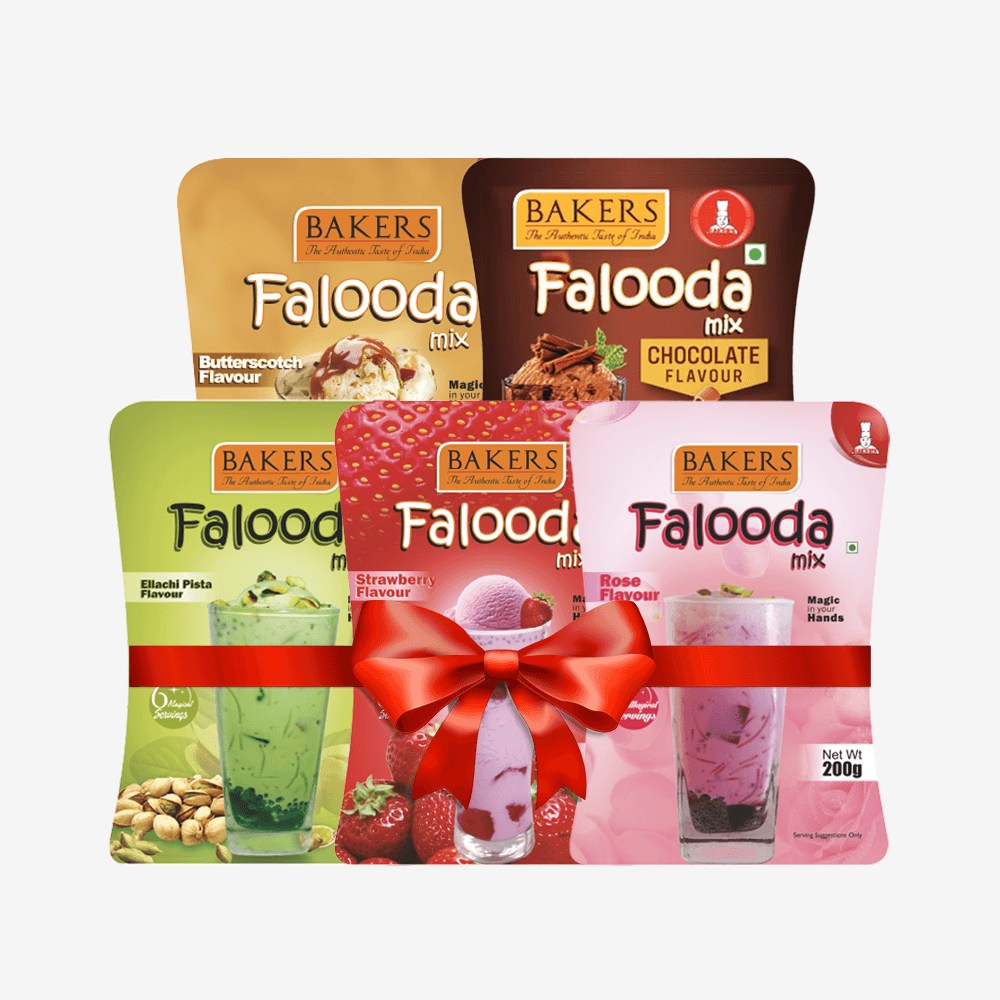 BAKERS Falooda Mix Powder STR, ROSE, ELAICHI PISTA, B/S, CHOCO Pack of 5 (200 gm) - Pluugin Store