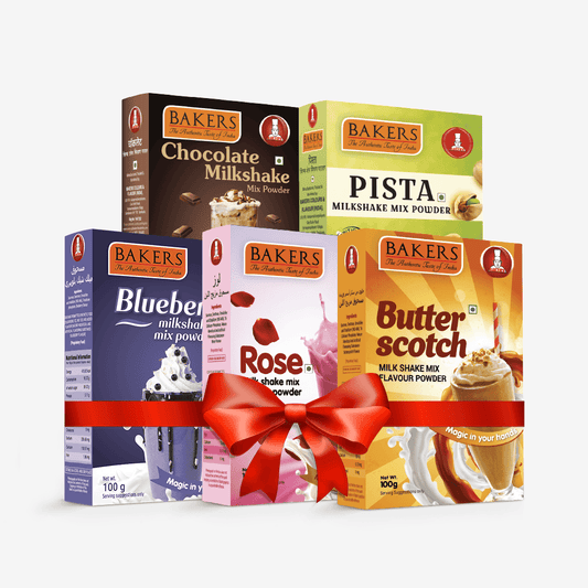 BAKERS Milkshake Mix Powder Pack of 5 PISTA + CHOCOLATE + BUTTERSCOTCH + BLUEBERRY + ROSE - Pluugin Store