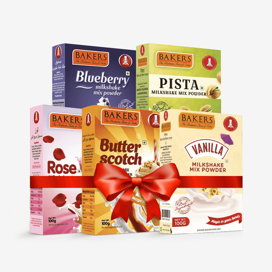 BAKERS Milkshake Mix Powder Pack of 5 VANILLA + PISTA + BUTTERSCOTCH + BLUEBERRY + ROSE - Pluugin Store