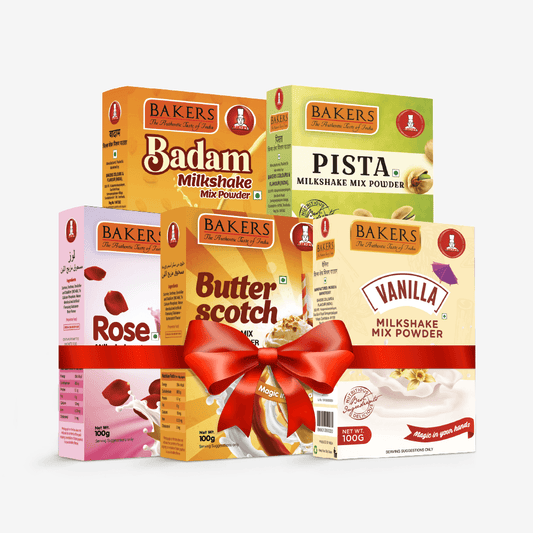 BAKERS Milkshake Mix Powder Pack of 5 VANILLA + PISTA + BUTTERSCOTCH + BADAM + ROSE - Pluugin Store