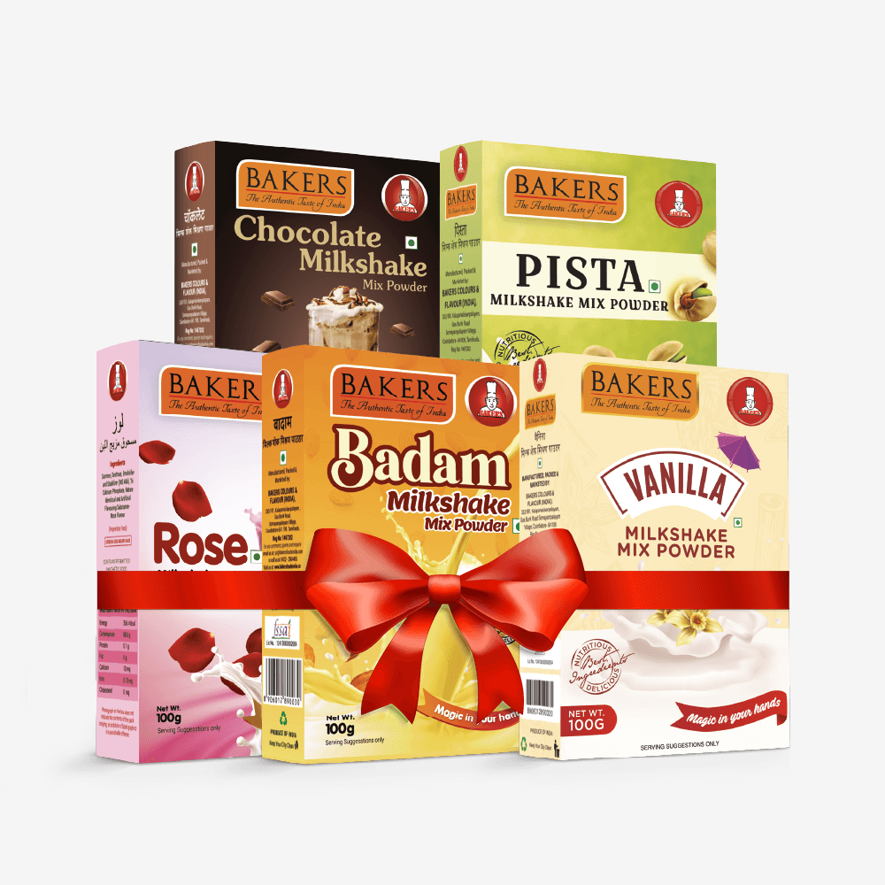 BAKERS Milkshake Mix Powder Pack of 5 VANILLA + PISTA + CHOCOLATE + BADAM + ROSE - Pluugin Store