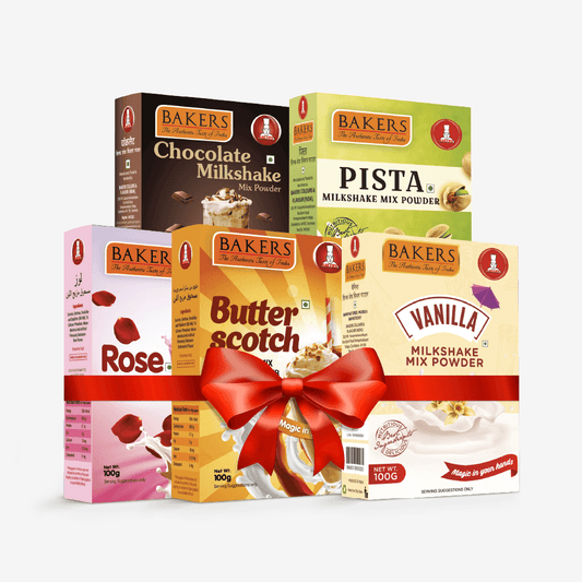 BAKERS Milkshake Mix Powder Pack of 5 VANILLA + PISTA + CHOCOLATE + BUTTERSCOTCH + ROSE - Pluugin Store