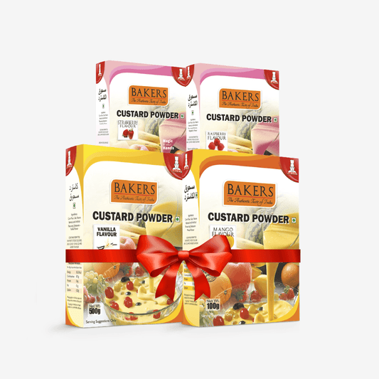 CUSTARD COMBO - BAKERS Custard Powder Vanilla 500gm + Strawberry 100gm + Mango 100gm + Raspberry 100gm (Pack of 4) - Pluugin Store